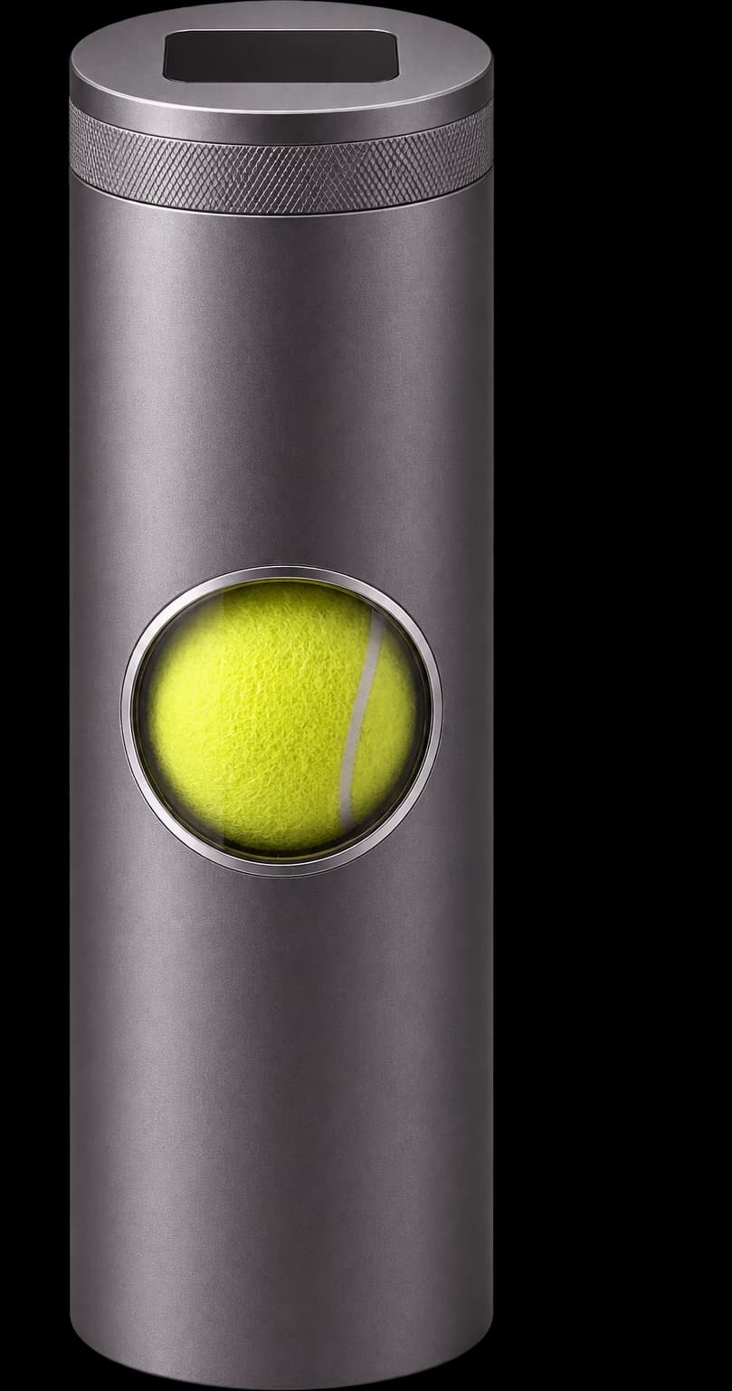 The otennis regeneration device: a machined cylinder with a knurled band and a circular viewport showing a tennis ball inside.
